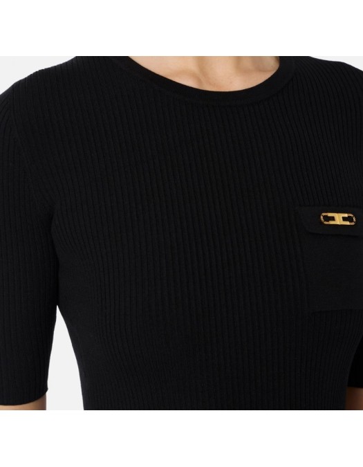 Tricou ELISABETTA FRANCHI,Ribbed knit top with breast pocket,Black - MK10B56E2110