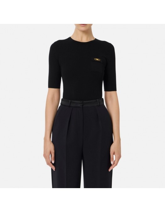 Tricou ELISABETTA FRANCHI,Ribbed knit top with breast pocket,Black - MK10B56E2110
