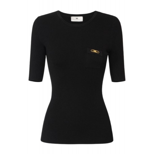 Tricou ELISABETTA FRANCHI,Ribbed knit top with breast pocket,Black