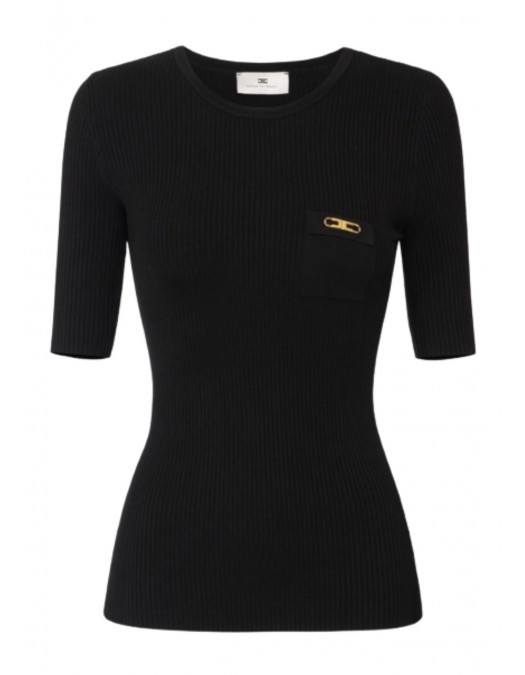 Tricou ELISABETTA FRANCHI,Ribbed knit top with breast pocket,Black - MK10B56E2110