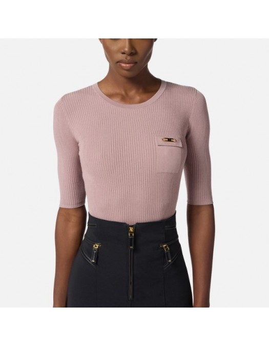 Tricou ELISABETTA FRANCHI,Ribbed knit top with breast pocket - MK10B56E2EA4