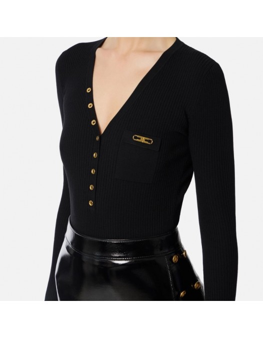 Bluza ELISABETTA FRANCHI,Ribbed knit top with breast pocket,Black - MK12B56E2110
