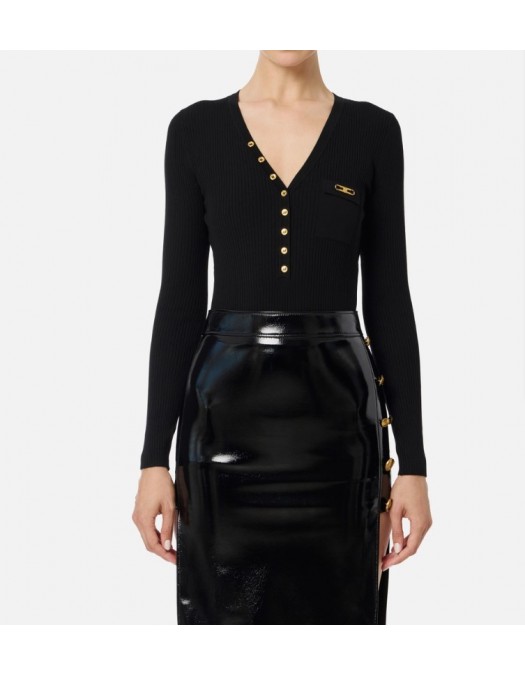 Bluza ELISABETTA FRANCHI,Ribbed knit top with breast pocket,Black - MK12B56E2110