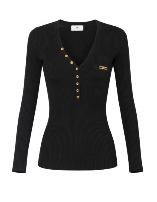 Bluza ELISABETTA FRANCHI,Ribbed knit top with breast pocket,Black - MK12B56E2110