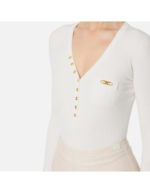 Bluza ELISABETTA FRANCHI,Ribbed knit top with breast pocket,White - MK12B56E2360