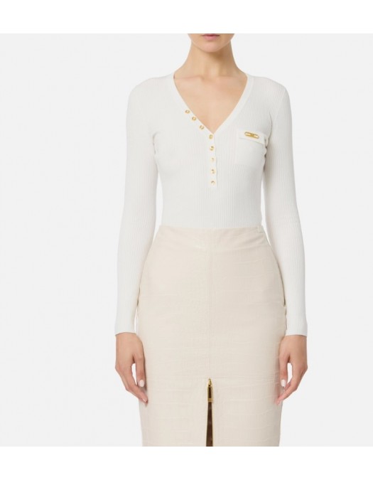 Bluza ELISABETTA FRANCHI,Ribbed knit top with breast pocket,White - MK12B56E2360