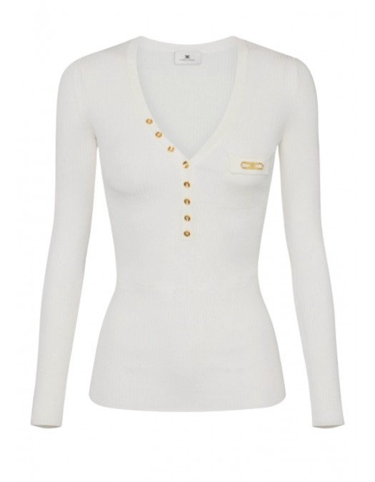 Bluza ELISABETTA FRANCHI,Ribbed knit top with breast pocket,White - MK12B56E2360