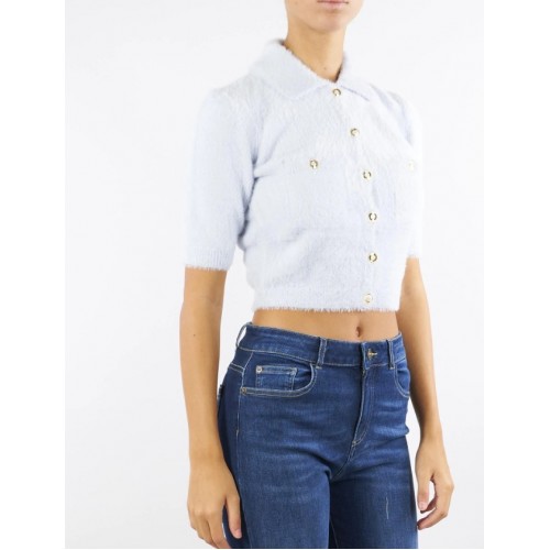 Cardigan ELISABETTA FRANCHI ,Mini cardigan in knit fabric with jewel buttons,Blue Cardigan ELISABETTA FRANCHI ,Mini cardigan in knit fabric with jewel buttons,Blue