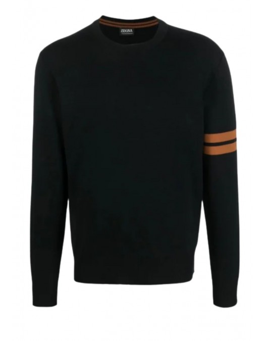 Pulover Zegna, Wool, Stripes Details, Black - RE8M91110B09 Pulover Zegna, Wool, Stripes Details, Black - RE8M91110B09