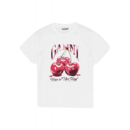Tricou GANNI, Cherry Print, White Tricou GANNI, Cherry Print, White